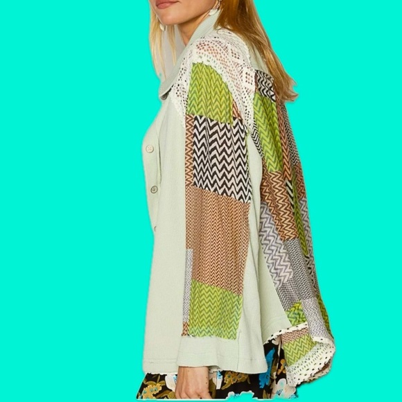 POL Color Block Crochet Long sleeve button down shirt  Oversized Large - Picture 3 of 11